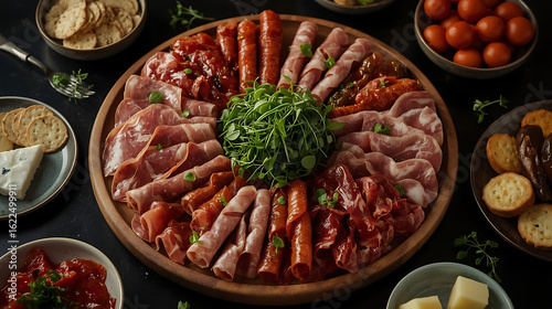 A dark table charcuterie showcases artisanal meats, herbs, microgreens, crackers, cheeses, and roasted vegetables, accompanied by rich lighting that highlights their textures and colors.