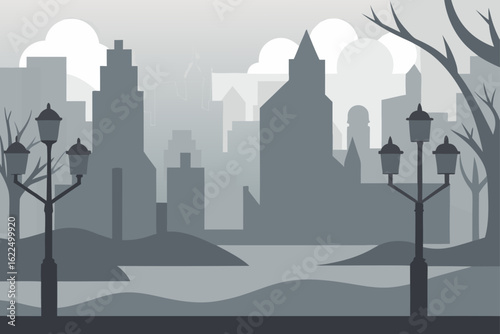 Monochromatic cityscape with streetlights and bare trees