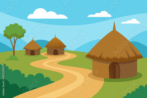 African village scene with traditional huts and winding path