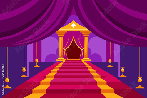 Grand entrance with red carpet and purple drapes