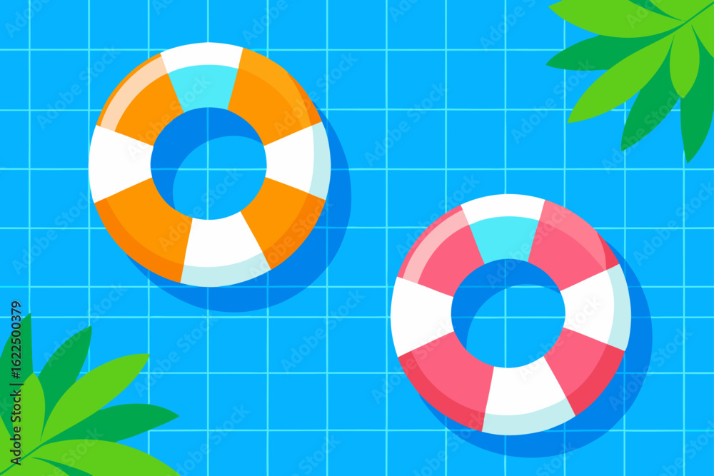Obraz premium Two colorful inflatable rings floating in a bright blue swimming pool with palm leaves