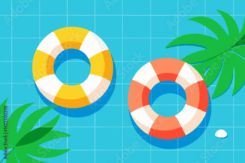 Two colorful life preservers floating in a bright blue swimming pool with palm leaves