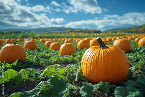 Pumpkins in a field, vibrant orange hues among green leaves.