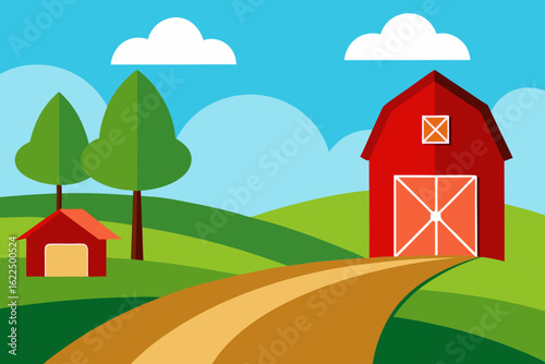 Vibrant cartoon farm landscape with red barn and rolling green hills