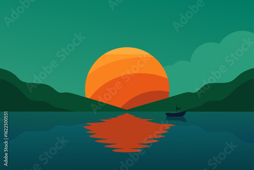 Serene sunset over calm water with a lone sailboat and rolling hills