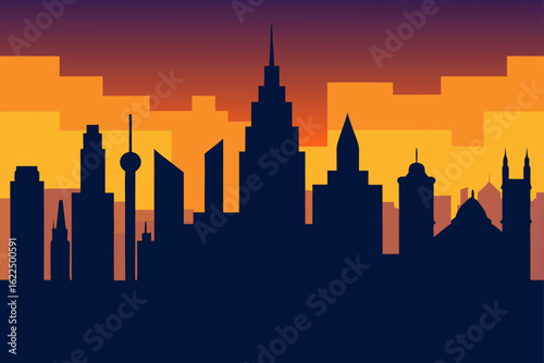 Modern city skyline silhouette at sunset with orange sky
