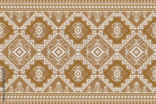 Lanna Heritage Pattern in Sandstone Tan Tone. Northern Thai Lanna-inspired textile, showcasing traditional pixel symmetry. Ideal for fabric design, cultural branding, or folk-style decor.