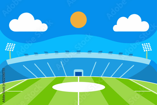 Vibrant stadium with green field under a sunny sky with clouds