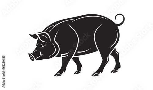 Stylized silhouette of a black pig standing on a white background
