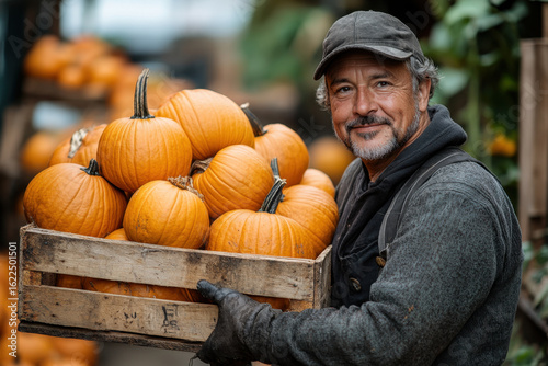 Man holding crate of pumpkins.