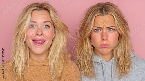 A woman with blonde hair, displayed twice, once smiling and playful, then frowning.