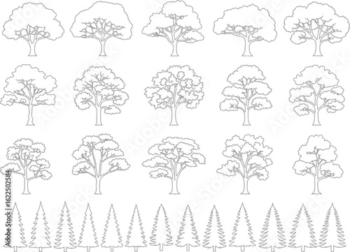 Collection of diverse hand drawn black and white line art illustrations of various deciduous trees and evergreen saplings