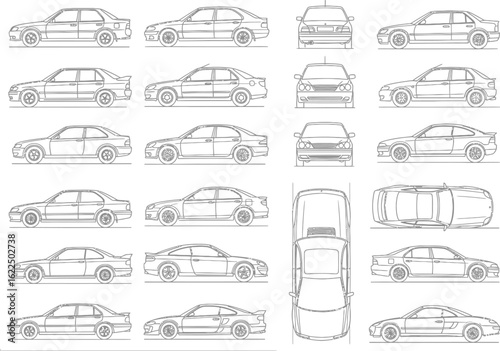 Collection of detailed automotive line drawings showcasing various car models from multiple angles