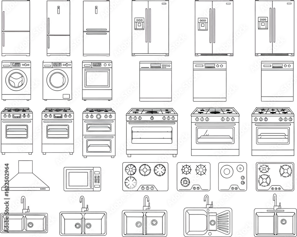 Fototapeta premium Collection of hand drawn architectural elevations and floor plans of kitchen appliances and bathroom fixtures