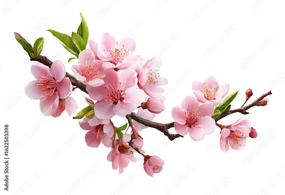 Fototapeta premium A branch of delicate pink cherry blossoms, with vibrant green leaves, against a black background. Soft, detailed petals and buds show a spring floral scene