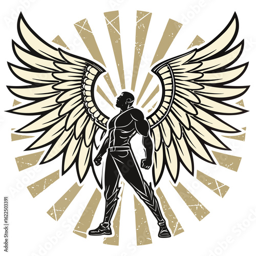 Vintage archangel silhouette with fully spread black wings