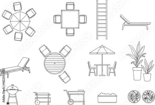 Collection of hand drawn architectural sketches showcasing various outdoor furniture arrangements and design elements from a top down perspective