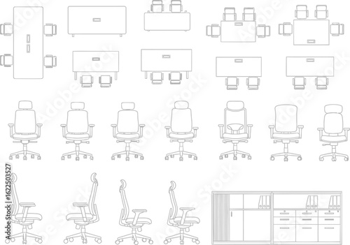 Collection of architectural floor plan symbols and furniture layouts for office and meeting spaces