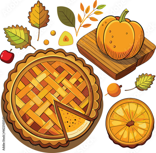 Delicious apple pie and pumpkin with autumn leaves and berries
