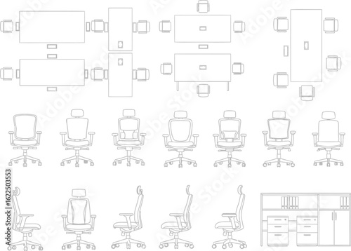 Architectural floor plan drawing of an office space with furniture layouts and detailed chair illustrations