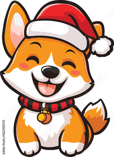 Cheerful Christmas Corgi dog wearing Santa hat smiling joyfully