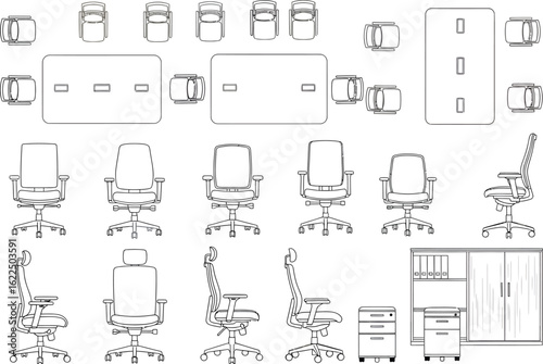 Detailed architectural blueprint drawings showcasing various office chair designs and furniture layouts for modern workspaces