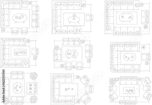 Collection of hand drawn architectural floor plans showing furniture layouts and room divisions in a sketchy style