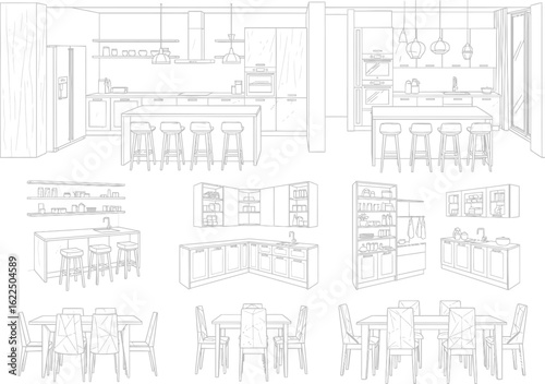 Modern interior design sketch of a stylish kitchen and dining area with bar stools and pendant lights