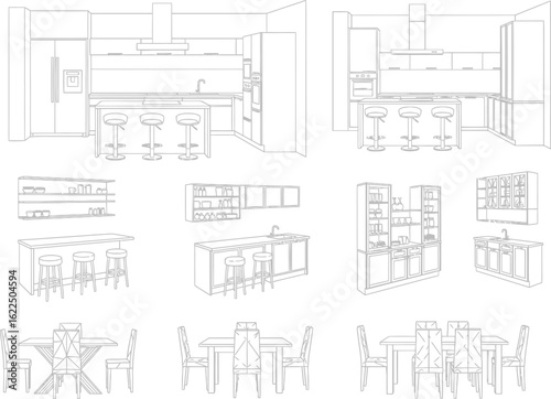 Architectural sketch and design concepts for a modern kitchen and dining area with furniture and lighting details