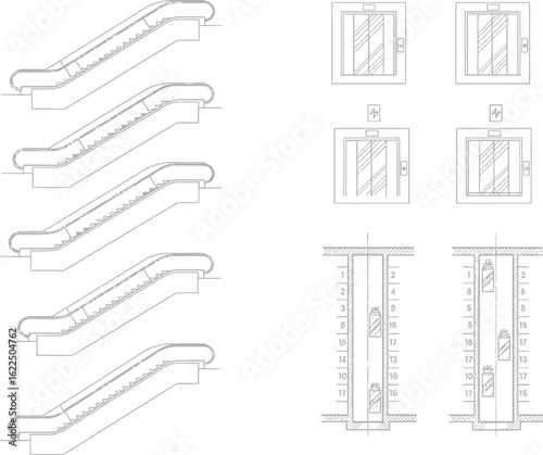 Architectural blueprints showcasing detailed technical drawings of escalators and elevator shafts with elevation and plan views
