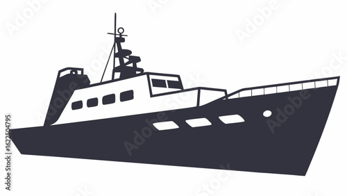 Illustration of a sleek yacht featuring a dark hull and white superstructure with visible windows and mast