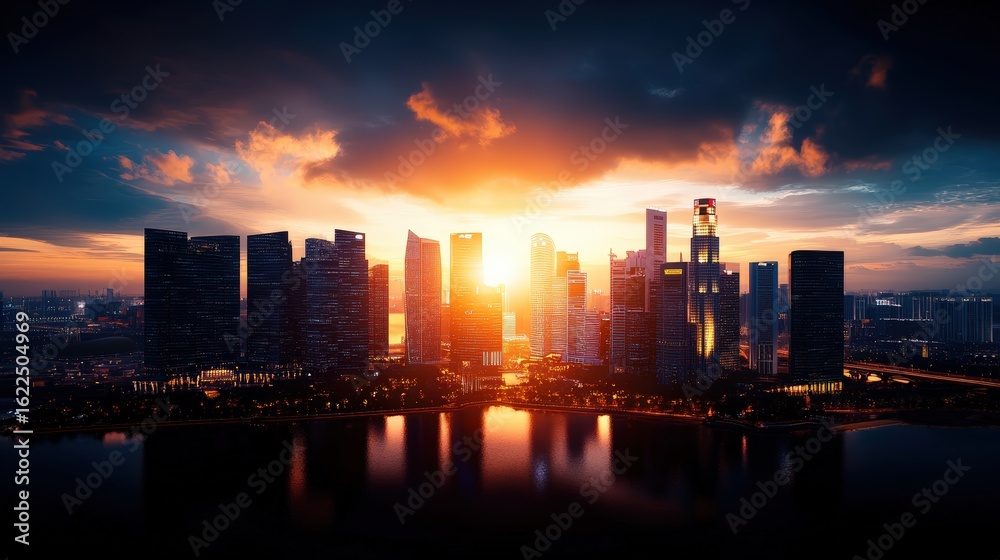 Fototapeta premium Breathtaking city skyline at sunset with modern skyscrapers illuminated with golden light and vibrant clouds in the sky