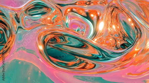 Abstract Swirling Liquid Metal Texture Background Teal Orange Pink