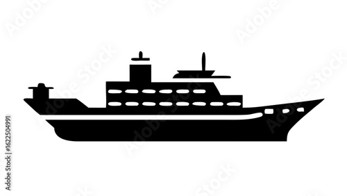 Illustration of a large black ship with multiple decks and a pointed bow on a white background