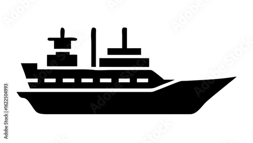 Illustration of a large black ship with multiple decks and a pointed bow sailing on the water