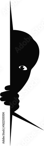 Vector art of silhouette of a person peeking from behind a wall, expressing curiosity and suspense