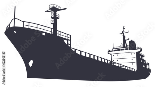 Silhouette of a large cargo ship with multiple decks and a tall mast against a white background space