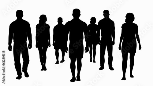 Silhouette illustration showing a group of people walking together in a crowd on a white background