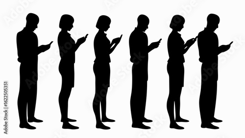 Silhouette of people looking at their phones standing in a row with a white background in the image