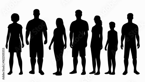 Silhouette illustration of diverse people standing together in a row against a white background view