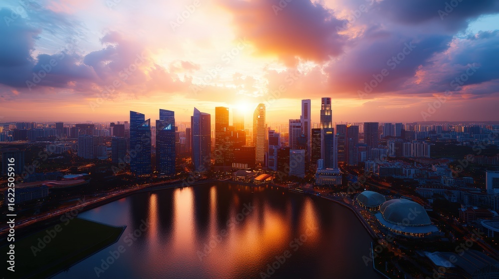 Fototapeta premium Stunning aerial view of a vibrant modern city skyline at sunset with skyscrapers and reflections in water