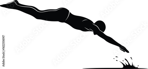 Vector art of silhouette of a man diving into the water, a dynamic image capturing the essence of swimming, sport, and healthy lifestyle in a minimalist design