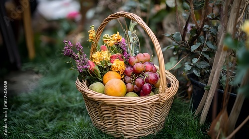 Wicker Basket with Fruit and Flowers in Garden Setting