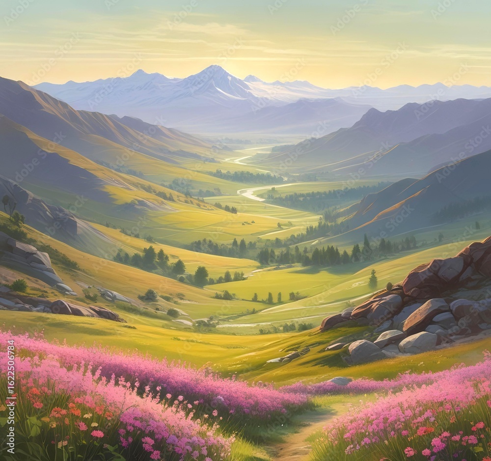 Obraz premium Wide valley with blooming spring meadow, misty mountains in distance, clear sky, minimal composition keywords