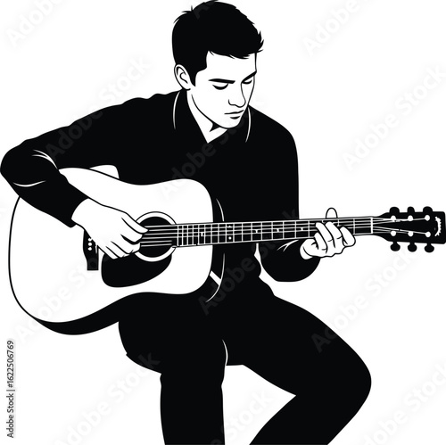 Vector art of silhouette of a musician playing acoustic guitar, capturing the essence of music, performance, and artistic expression in a stylish design