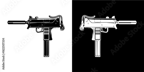 UZI type firearm vector in black and white, firearm design, firearm icon