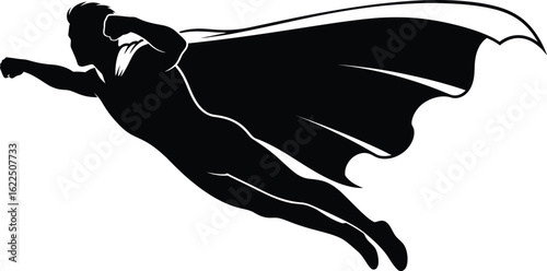 Vector art of silhouette of a man flying with cape, representing power, strength, and justice in a dynamic and iconic design