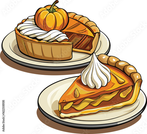 Delicious autumn pumpkin pie slices and whole pie on plates