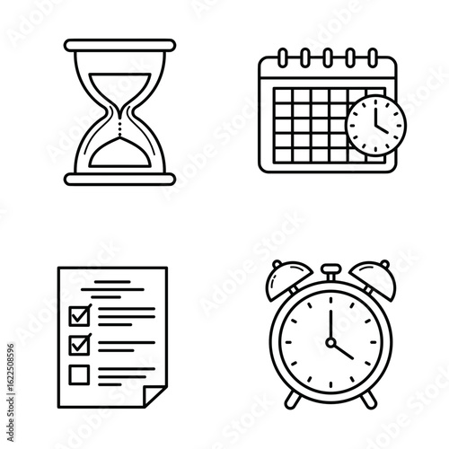 Outline icon set of Time management. The main tools: Hourglass, Calendar with clock, Checklist, Alarm clock