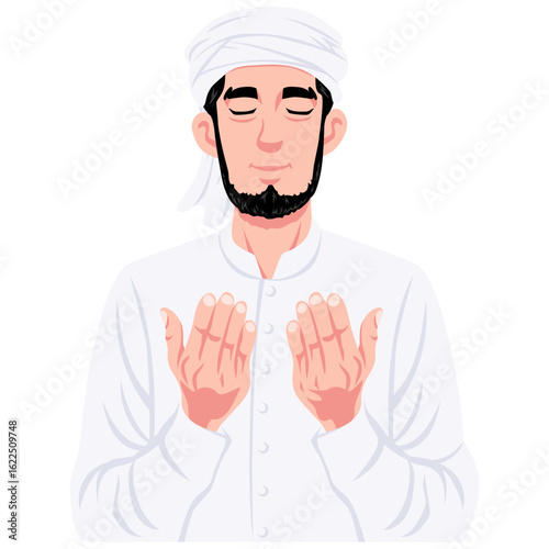 Muslim Man Praying Imam Wearing Turban Character Cartoon Illustration